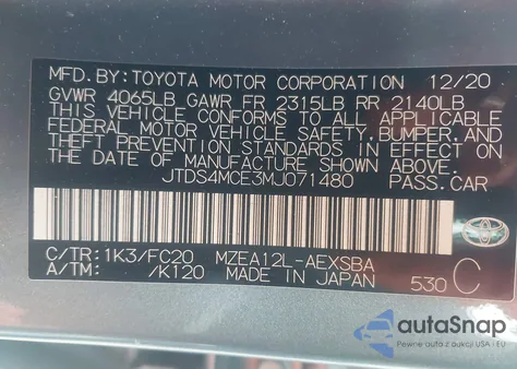 2021 Toyota Corolla Se z USA, uszkodzony, nr VIN JTDS4MCE3MJ071480